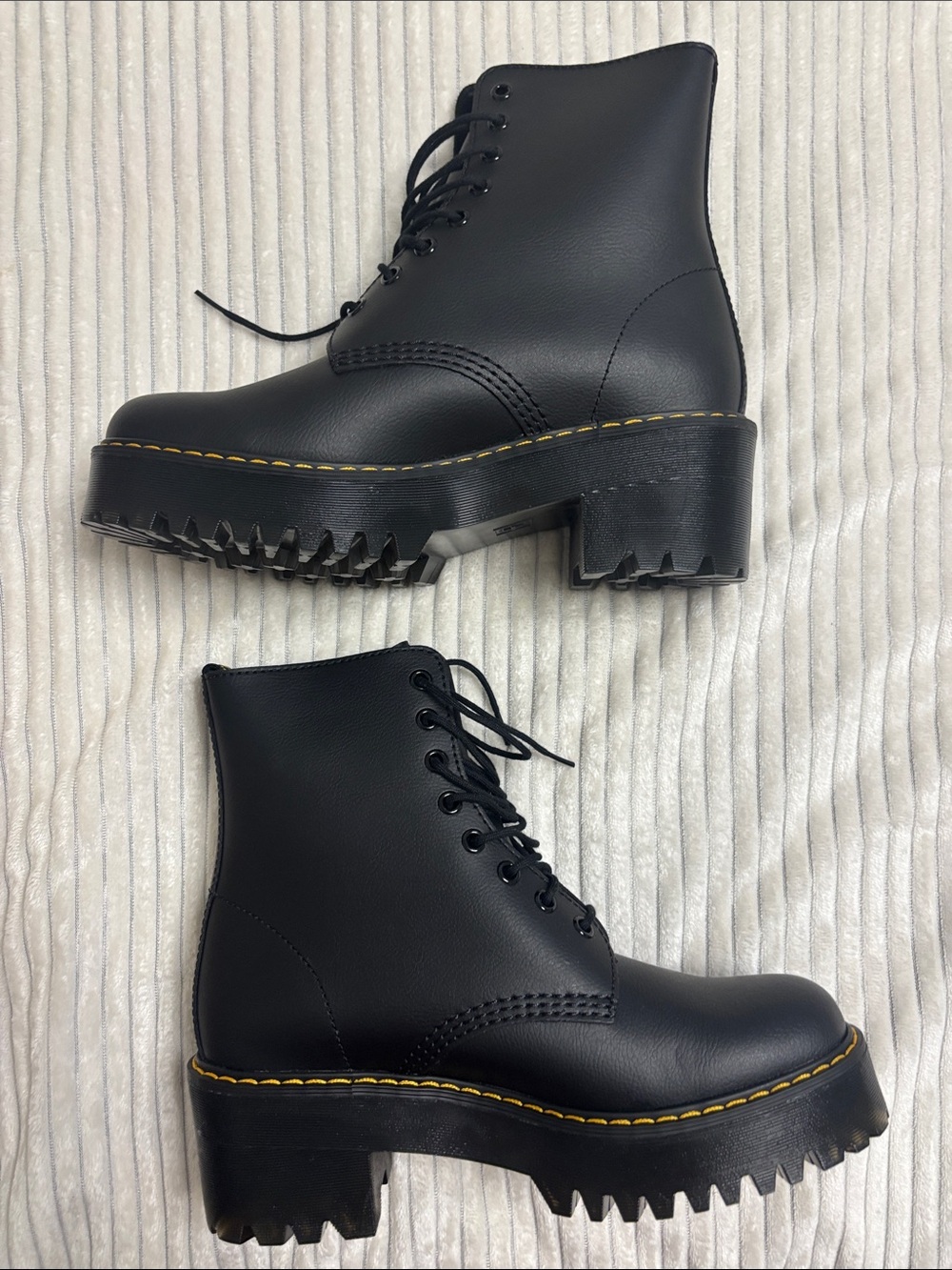 Dr. Martens Black Lace-Up Platform Moto Boots with Yellow Stitching - Picture 3 of 6